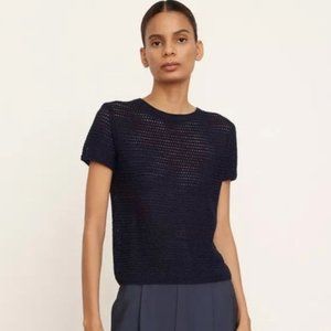 NWT Vince Crochet Short Sleeve Mock Neck Sweater - Size Small - Navy